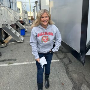 Alison Sweeney Instagram - Thanks to my friend @benjaminayres and the fabulous @romance__university sweatshirts for keeping me warm on this chilly day filming in Vancouver. #alumni #hallmark #romance #setlife