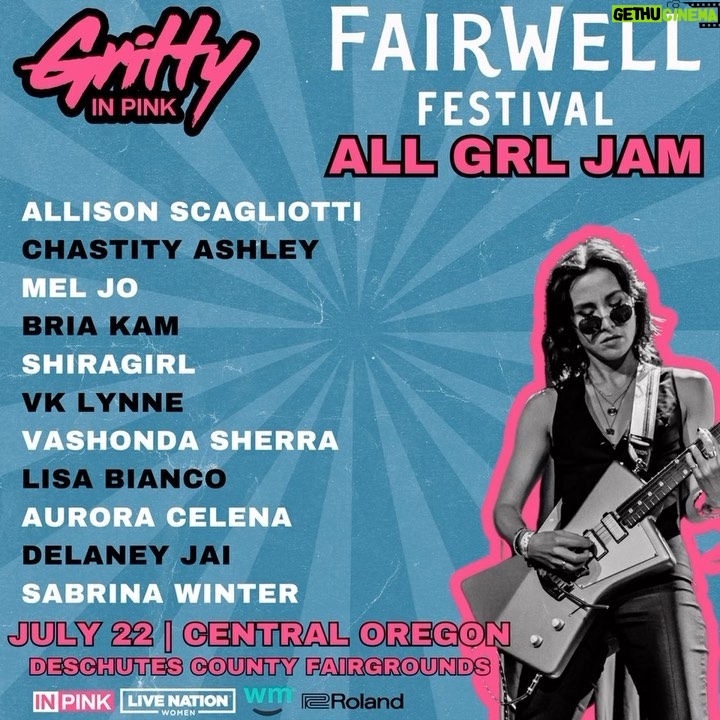 Allison Scagliotti Instagram - We’re trailblazing to Oregon with our All GRL Jam at the @fairwellfest on July 22! 🪕🤠 🏕️ Catch @wittyhandle @chastityashley @melaniejodrums @bria_kam @shira_girl @vklynne @sherrakele @lisabianco @aurora.celena.bass @delaney_jai_ @idreamofsabrina rock out on the Metolius stage! Shoutout to our amazing partners @livenationwomen @weedmaps @rolandglobal for making this possible! #grittyinpink #fairwellfest #festivalseason #lineup #livemusic #oregon #portland #weedmaps #roland #livenation