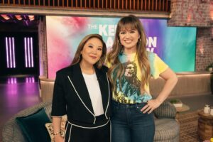Ally Maki Instagram - Movie games and pregnant life on @kellyclarksonshow TODAY! The best combo. A forever memory that our little baby girl and I got to do the show together in NY! We love you @kellyclarkson 🫶 Tune in!