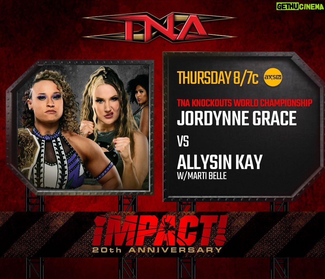 Allysin Kay Instagram - Jordynne is distracted & overworked. She has her sights set on other shiny things. (& companies) Happy 20th Anniversary of Impact, @tnawrestling - Tonight I become a 3X KNOCKOUTS CHAMPION!!! π₯π₯π₯