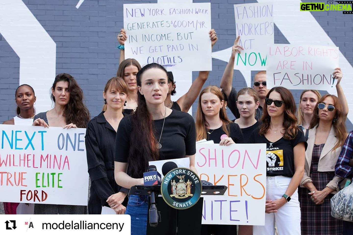 Alyssa Sutherland Instagram - A bout of Covid may have kept me from attending, but it won’t keep me from speaking out. I stand in solidarity with @modelallianceny in their fight to pass the #fashionworkersact, which would afford basic protections for models. I can speak to both experiences as a model in NY and now as an actress and member of @sagaftra. The fashion industry falls woefully short. I strongly urge lawmakers to pass the Fashion Workers Act this legislative session. #Repost @modelallianceny ・・・ This morning, we held a press conference at #NYFW to raise awareness for the absence of basic labor protections in the modeling industry, and urged @nysa_majority to pass the #FashionWorkersAct during the upcoming legislative session. The current labor resurgence we’re witnessing across the entertainment industry is long overdue. Like actors and writers, models are struggling for professional dignity behind a veil of glamor and prestige. But the fashion industry infamously lacks regulatory oversight, putting us far behind the rest of the industry. The #FashionWorkersAct – a pro-labor state bill that would finally regulate predatory management companies in New York – is a crucial step in ensuring models and content creators have basic protections at work. Thank you to everyone who joined us today, particularly the models and actors who shared their direct experience in both industries to inspire change, our fearless Senate sponsor @bradhoylman, and our allies @sagaftra and @wgaeast who stood with us in solidarity. Photos: @reedyoung