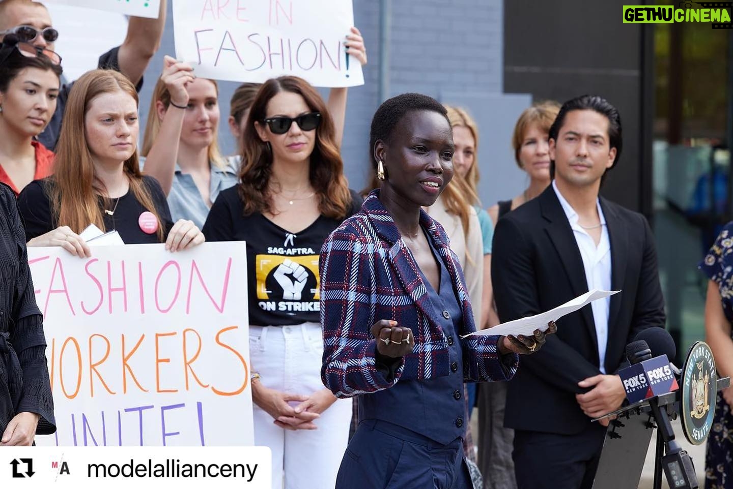 Alyssa Sutherland Instagram - A bout of Covid may have kept me from attending, but it won’t keep me from speaking out. I stand in solidarity with @modelallianceny in their fight to pass the #fashionworkersact, which would afford basic protections for models. I can speak to both experiences as a model in NY and now as an actress and member of @sagaftra. The fashion industry falls woefully short. I strongly urge lawmakers to pass the Fashion Workers Act this legislative session. #Repost @modelallianceny ・・・ This morning, we held a press conference at #NYFW to raise awareness for the absence of basic labor protections in the modeling industry, and urged @nysa_majority to pass the #FashionWorkersAct during the upcoming legislative session. The current labor resurgence we’re witnessing across the entertainment industry is long overdue. Like actors and writers, models are struggling for professional dignity behind a veil of glamor and prestige. But the fashion industry infamously lacks regulatory oversight, putting us far behind the rest of the industry. The #FashionWorkersAct – a pro-labor state bill that would finally regulate predatory management companies in New York – is a crucial step in ensuring models and content creators have basic protections at work. Thank you to everyone who joined us today, particularly the models and actors who shared their direct experience in both industries to inspire change, our fearless Senate sponsor @bradhoylman, and our allies @sagaftra and @wgaeast who stood with us in solidarity. Photos: @reedyoung