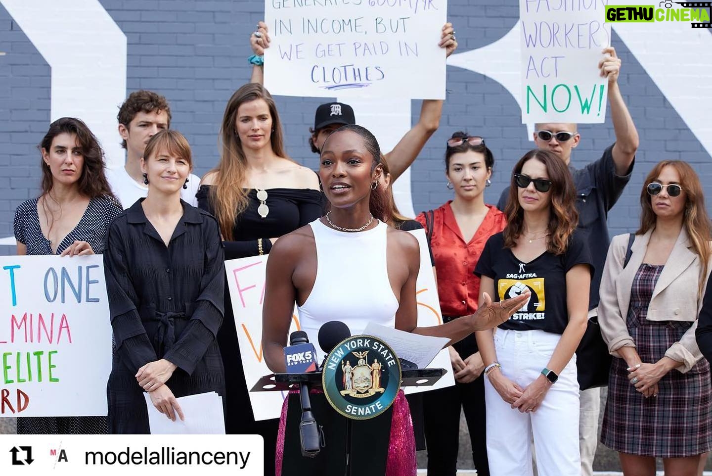 Alyssa Sutherland Instagram - A bout of Covid may have kept me from attending, but it won’t keep me from speaking out. I stand in solidarity with @modelallianceny in their fight to pass the #fashionworkersact, which would afford basic protections for models. I can speak to both experiences as a model in NY and now as an actress and member of @sagaftra. The fashion industry falls woefully short. I strongly urge lawmakers to pass the Fashion Workers Act this legislative session. #Repost @modelallianceny ・・・ This morning, we held a press conference at #NYFW to raise awareness for the absence of basic labor protections in the modeling industry, and urged @nysa_majority to pass the #FashionWorkersAct during the upcoming legislative session. The current labor resurgence we’re witnessing across the entertainment industry is long overdue. Like actors and writers, models are struggling for professional dignity behind a veil of glamor and prestige. But the fashion industry infamously lacks regulatory oversight, putting us far behind the rest of the industry. The #FashionWorkersAct – a pro-labor state bill that would finally regulate predatory management companies in New York – is a crucial step in ensuring models and content creators have basic protections at work. Thank you to everyone who joined us today, particularly the models and actors who shared their direct experience in both industries to inspire change, our fearless Senate sponsor @bradhoylman, and our allies @sagaftra and @wgaeast who stood with us in solidarity. Photos: @reedyoung