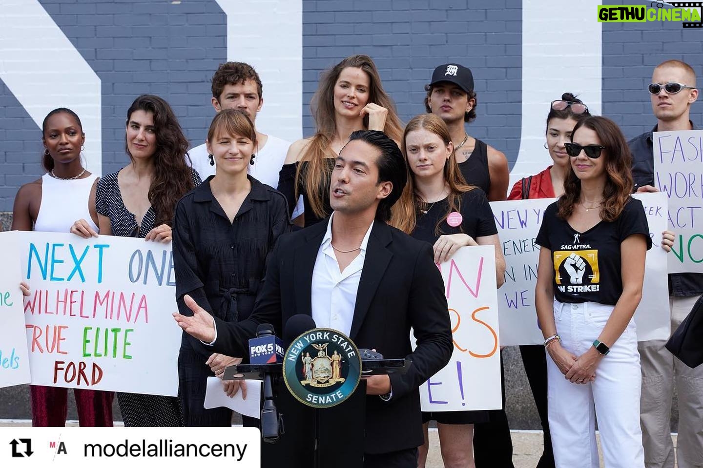 Alyssa Sutherland Instagram - A bout of Covid may have kept me from attending, but it won’t keep me from speaking out. I stand in solidarity with @modelallianceny in their fight to pass the #fashionworkersact, which would afford basic protections for models. I can speak to both experiences as a model in NY and now as an actress and member of @sagaftra. The fashion industry falls woefully short. I strongly urge lawmakers to pass the Fashion Workers Act this legislative session. #Repost @modelallianceny ・・・ This morning, we held a press conference at #NYFW to raise awareness for the absence of basic labor protections in the modeling industry, and urged @nysa_majority to pass the #FashionWorkersAct during the upcoming legislative session. The current labor resurgence we’re witnessing across the entertainment industry is long overdue. Like actors and writers, models are struggling for professional dignity behind a veil of glamor and prestige. But the fashion industry infamously lacks regulatory oversight, putting us far behind the rest of the industry. The #FashionWorkersAct – a pro-labor state bill that would finally regulate predatory management companies in New York – is a crucial step in ensuring models and content creators have basic protections at work. Thank you to everyone who joined us today, particularly the models and actors who shared their direct experience in both industries to inspire change, our fearless Senate sponsor @bradhoylman, and our allies @sagaftra and @wgaeast who stood with us in solidarity. Photos: @reedyoung