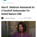 Ama K. Abebrese Instagram - “As a diasporan having lived between Ghana and the UK, I understand why many people choose to migrate. I encourage everyone to do this safely and through the right channels.” @unmigration @iomghana @kinaatagh