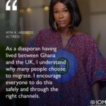 Ama K. Abebrese Instagram - “As a diasporan having lived between Ghana and the UK, I understand why many people choose to migrate. I encourage everyone to do this safely and through the right channels.” @unmigration @iomghana @kinaatagh