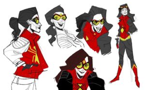 Amanda Jolly Instagram - Some white Jess!  Lol. The comic character was white, so in my earliest passes of her before we knew we wanted to take the character in our own direction, I tried to punch up the preexisting version. I really wanted attitude and strength and, as always, good hair. Haha.

#acrossthespiderverse #spiderversejessicadrew #jessicadrew #spiderverse #characterdesign #animation