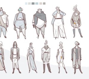 Amanda Jolly Instagram - Costumes for 2099’s world!  Honestly, this was some of my favorite stuff I did on the project, and I think the film went in a different direction later. Lol. C’est la vie!  That’s what posting is for! 

I got tasked to come up with a unique clothing style for the people of Nuevo York.  When we started, it was very aspirational retro future, so I pulled a ton of my language from old Syd Mead, mid cen architecture, and clothing from the 60’s.  I covered a lot of ground from athleisure to work wear to street wear to fancy-pants people. Haha.  Super satisfying. 

#acrossthespiderverse #spiderverse #spiderverse2099
#characterdesign #costumedesign #animation #spiderverseart