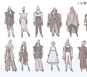 Amanda Jolly Instagram - Costumes for 2099’s world!  Honestly, this was some of my favorite stuff I did on the project, and I think the film went in a different direction later. Lol. C’est la vie!  That’s what posting is for! 

I got tasked to come up with a unique clothing style for the people of Nuevo York.  When we started, it was very aspirational retro future, so I pulled a ton of my language from old Syd Mead, mid cen architecture, and clothing from the 60’s.  I covered a lot of ground from athleisure to work wear to street wear to fancy-pants people. Haha.  Super satisfying. 

#acrossthespiderverse #spiderverse #spiderverse2099
#characterdesign #costumedesign #animation #spiderverseart