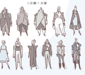 Amanda Jolly Instagram - Costumes for 2099’s world!  Honestly, this was some of my favorite stuff I did on the project, and I think the film went in a different direction later. Lol. C’est la vie!  That’s what posting is for! 

I got tasked to come up with a unique clothing style for the people of Nuevo York.  When we started, it was very aspirational retro future, so I pulled a ton of my language from old Syd Mead, mid cen architecture, and clothing from the 60’s.  I covered a lot of ground from athleisure to work wear to street wear to fancy-pants people. Haha.  Super satisfying. 

#acrossthespiderverse #spiderverse #spiderverse2099
#characterdesign #costumedesign #animation #spiderverseart