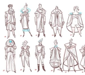 Amanda Jolly Instagram - Costumes for 2099’s world!  Honestly, this was some of my favorite stuff I did on the project, and I think the film went in a different direction later. Lol. C’est la vie!  That’s what posting is for! 

I got tasked to come up with a unique clothing style for the people of Nuevo York.  When we started, it was very aspirational retro future, so I pulled a ton of my language from old Syd Mead, mid cen architecture, and clothing from the 60’s.  I covered a lot of ground from athleisure to work wear to street wear to fancy-pants people. Haha.  Super satisfying. 

#acrossthespiderverse #spiderverse #spiderverse2099
#characterdesign #costumedesign #animation #spiderverseart