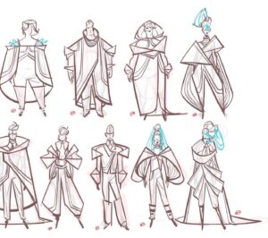 Amanda Jolly Instagram - Costumes for 2099’s world!  Honestly, this was some of my favorite stuff I did on the project, and I think the film went in a different direction later. Lol. C’est la vie!  That’s what posting is for! 

I got tasked to come up with a unique clothing style for the people of Nuevo York.  When we started, it was very aspirational retro future, so I pulled a ton of my language from old Syd Mead, mid cen architecture, and clothing from the 60’s.  I covered a lot of ground from athleisure to work wear to street wear to fancy-pants people. Haha.  Super satisfying. 

#acrossthespiderverse #spiderverse #spiderverse2099
#characterdesign #costumedesign #animation #spiderverseart