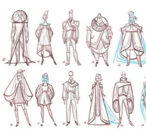 Amanda Jolly Instagram - Costumes for 2099’s world!  Honestly, this was some of my favorite stuff I did on the project, and I think the film went in a different direction later. Lol. C’est la vie!  That’s what posting is for! 

I got tasked to come up with a unique clothing style for the people of Nuevo York.  When we started, it was very aspirational retro future, so I pulled a ton of my language from old Syd Mead, mid cen architecture, and clothing from the 60’s.  I covered a lot of ground from athleisure to work wear to street wear to fancy-pants people. Haha.  Super satisfying. 

#acrossthespiderverse #spiderverse #spiderverse2099
#characterdesign #costumedesign #animation #spiderverseart