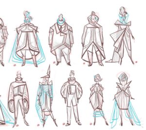 Amanda Jolly Instagram - Costumes for 2099’s world!  Honestly, this was some of my favorite stuff I did on the project, and I think the film went in a different direction later. Lol. C’est la vie!  That’s what posting is for! 

I got tasked to come up with a unique clothing style for the people of Nuevo York.  When we started, it was very aspirational retro future, so I pulled a ton of my language from old Syd Mead, mid cen architecture, and clothing from the 60’s.  I covered a lot of ground from athleisure to work wear to street wear to fancy-pants people. Haha.  Super satisfying. 

#acrossthespiderverse #spiderverse #spiderverse2099
#characterdesign #costumedesign #animation #spiderverseart