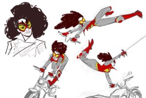 Amanda Jolly Instagram - More Jess!  Her motorcycle is a pretty big facet of her in the comics, so I wanted to push how it could be incorporated into her character and design more.  I got really inspired by moto-cross stunts and loved the idea that her bike could get infused into her fighting style with similar moves.  I also started looking for ways she could have a full helmet that broke apart into a mask.  Loved making these! 

#acrossthespiderverse #jessicadrew #jessicadrewspiderverse #spiderverseart #characterdesign #animation #spiderverse