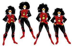 Amanda Jolly Instagram - Alright y’all, I’m rising back to life!  Kicking us off, some Jessica Drew!

I got brought into Across the Spider-verse in its earliest days as one of the first, if not the first, full-time character designer on the team.  Jess was one of my earliest assignments, and she went through a lot of designs.  Per the comics, the character is white, but after some initial passes, we started playing with race. Finally, I arrived at this version of her inspired by some incredible black women, wanting to really play up an athletic build and the impact of her hair.  Also, since her motorcycle is a huge part of her, we worked to skew her outfit toward moto details in the ribbing, padding, and style of jacket. BUT MORE ON THAT LATER! :)

Hope y’all are enjoying the film!

#acrossthespiderverse #spiderverseconceptart #spiderversecharacterdesign #animation #jessicadrew #spiderwoman #spiderverse
