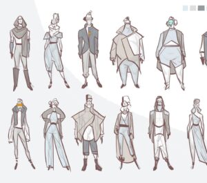 Amanda Jolly Instagram - Costumes for 2099’s world!  Honestly, this was some of my favorite stuff I did on the project, and I think the film went in a different direction later. Lol. C’est la vie!  That’s what posting is for! 

I got tasked to come up with a unique clothing style for the people of Nuevo York.  When we started, it was very aspirational retro future, so I pulled a ton of my language from old Syd Mead, mid cen architecture, and clothing from the 60’s.  I covered a lot of ground from athleisure to work wear to street wear to fancy-pants people. Haha.  Super satisfying. 

#acrossthespiderverse #spiderverse #spiderverse2099
#characterdesign #costumedesign #animation #spiderverseart