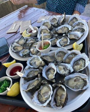 Amanda Keller Instagram - It started well. Delicious oysters from @jimwildsoysters for lunch. We bought prawns there too to make a pasta for dinner.  A sunset drink must have brought me unstuck, because the whole thing slipped and hit the deck. Cheese and crackers for dinner!