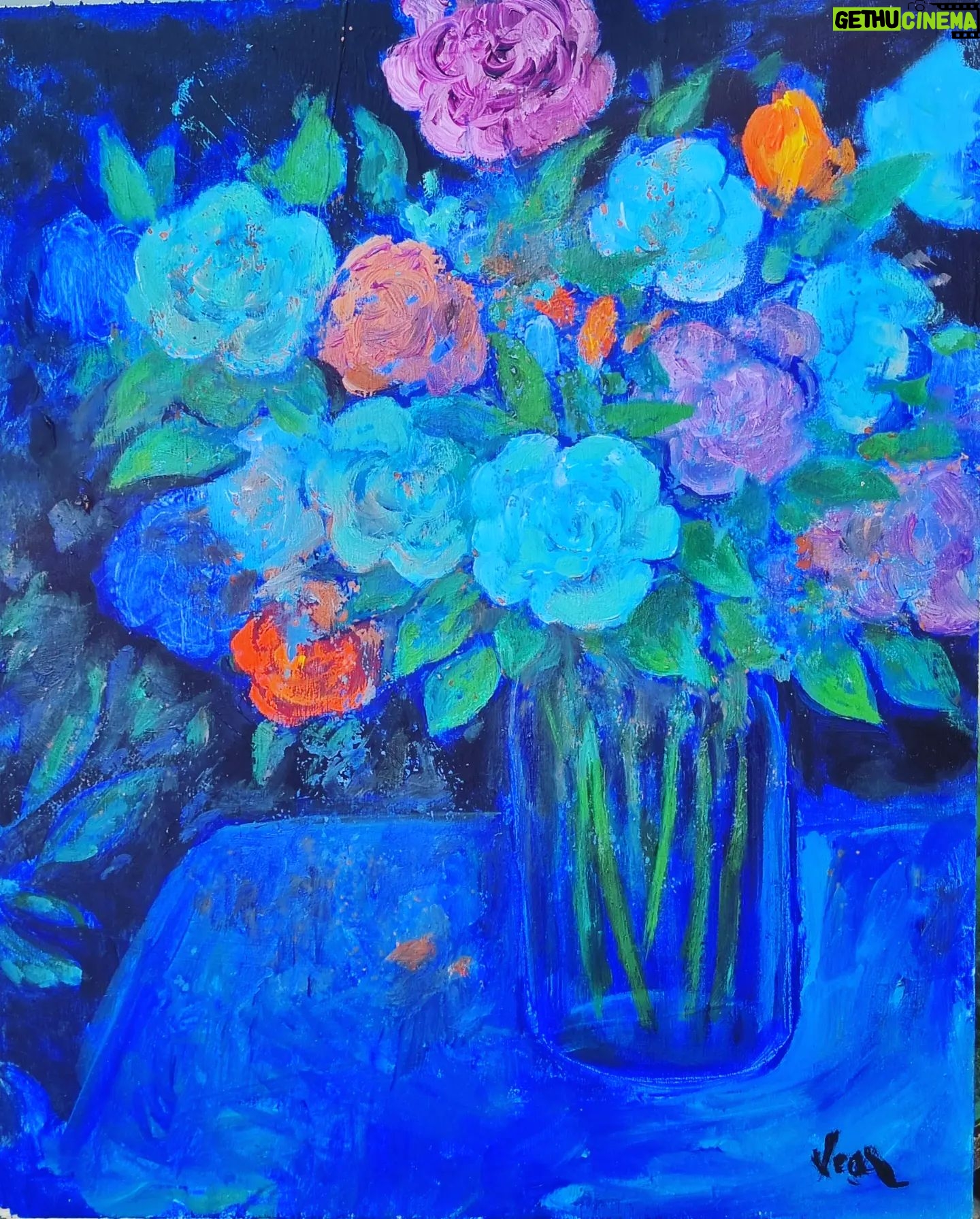 Amanda Lear Instagram - Blue vase. I am obssessed with this ultramarine blue. For sale inquiries contact Pierre Passebon at Galerie du Passage VeroDodat in Paris or Claudio Righetti in Chalet Muri Galerie in Bern.#loveblue #flowerpower #