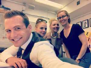 Amanda Schull Instagram - #TBT. I call these: 
Photo 1: “Harvey and his Suitresses” 
Photo 2: “The O.S” (Original Suits). Now open and accepting caption suggestions. #Suits #suitsseason9