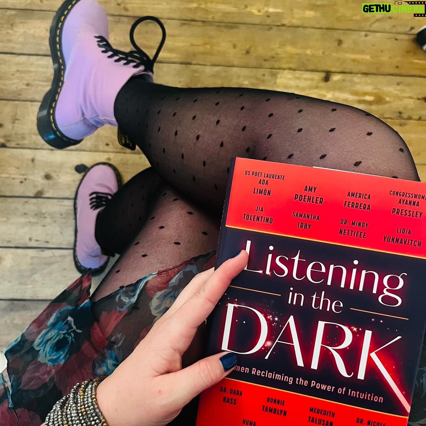 Amber Tamblyn Instagram - Absolutely no business whatsoever wearing this sheer tulle dress and thin polkadot tights in freezing cold December weather in the U.K. but the occasion demanded it. Thank you to my friends @clelia_mountford and @sharonhorgan for hosting a celebration at your Merman offices in London for our book, Listening in the Dark. It only took me a year to get over here but it was worth it. I met the most incredible women artists, thinkers, and storytellers in the room, read a chapter or two, and led everyone in an excersize from the closing chapter of the book aimed at strengthening our relationship to intuitive intelligence and listening to what our gut tells us. A powerful, intimate evening in which I had too much red wine, hugged everyone ferociously, and took a picture of this relatable mushroom hanging on their office wall. I know you’re all going to ask so here’s the look run down: my favorite brand of shoes: @drmartensofficial , the dress by my favorite thrift store in New York @curethrift , lipstick is something like 4 different shades of god knows what was in my bag that I mindlessly applied throughout the night (I have roughly 2-6 lipsticks in my purse at all times.) #ListeningInTheDark #MermanProductions