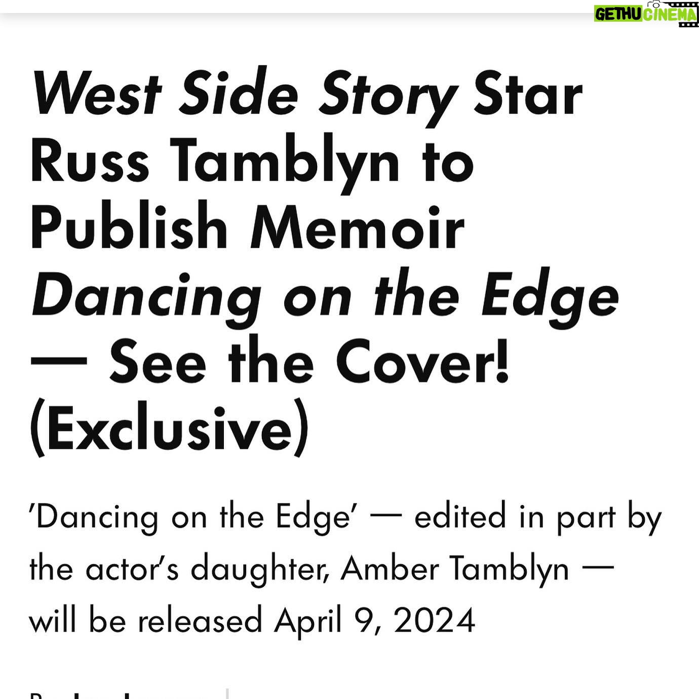 Amber Tamblyn Instagram - Here’s the cover for my dad’s memoir (thank you People Mag for the reveal!) and I’m so proud of this major life accomplishment happening at 88 years old. Dad’s been working on this book for over two decades alongside his co-writer Sarah Tomlinson, collecting his incredible stories of tumbling through Hollywood as an actor and acrobatic dancer, from teaching Elvis Presley some signature dance moves, to befriending Henry Miller, and starting an art and cultural revolution in Topanga in the 60’s alongside his peers and friends, Dennis Hopper, Neil Young, and Dean Stockwell. There’s behind the scenes from West Side Story, Twin Peaks, working with Elizabeth Taylor and so much more. The book comes out April 9th 2024. I promise you won’t want to miss this wild slice of history. Pre-order link in my bio. Love you, dad! #WombtoTomb #WhenYoureAJet #RussTamblyn