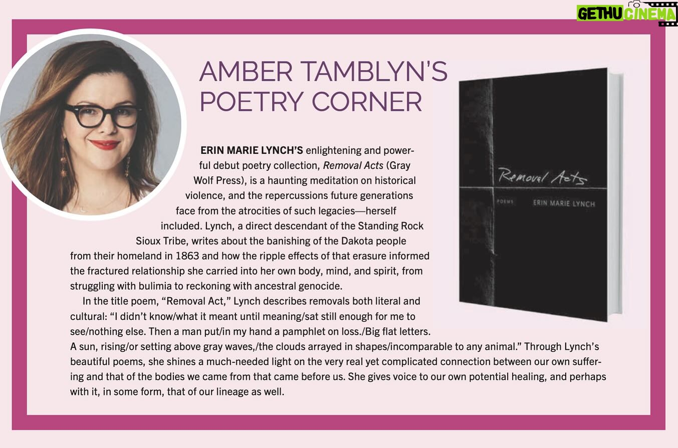 Amber Tamblyn Instagram - I’ve been reviewing books of poetry by women for Bust Magazine for years but have not been great at getting them up online to share with you. So here I am! Doing it! From the Spring issue coming out next week, here is Erin Marie Lynch’s “Removal Acts,” plus a couple other reviews from past issues. Enjoy, poetry enthusiasts! (And sorry for my face on every single one of them. 🤦♀️) 📖Erin Marie Lynch’s fantastic debut, “Removal Acts” from the Spring ’24 issue 📖Mary Jo Bang’s wonderful “A Film in Which I Play Everyone” from the Fall ‘23 issue 📖Franny Choi’s magnificent, “The World Keeps Ending, and the World Goes On” from the Spring ’23 issue 📖Stephanie Burt’s exquisite examination and excavation of queerness, “We Are Mermaids” 📖Diane Di Prima’s posthumous, divine collection, “Spring and Autumn Annals” 📖Chessy Normile’s brilliant “Great Exodus, Great Wall, Great Party” 📖Hilary Peach’s beautiful debut, “Bolt”