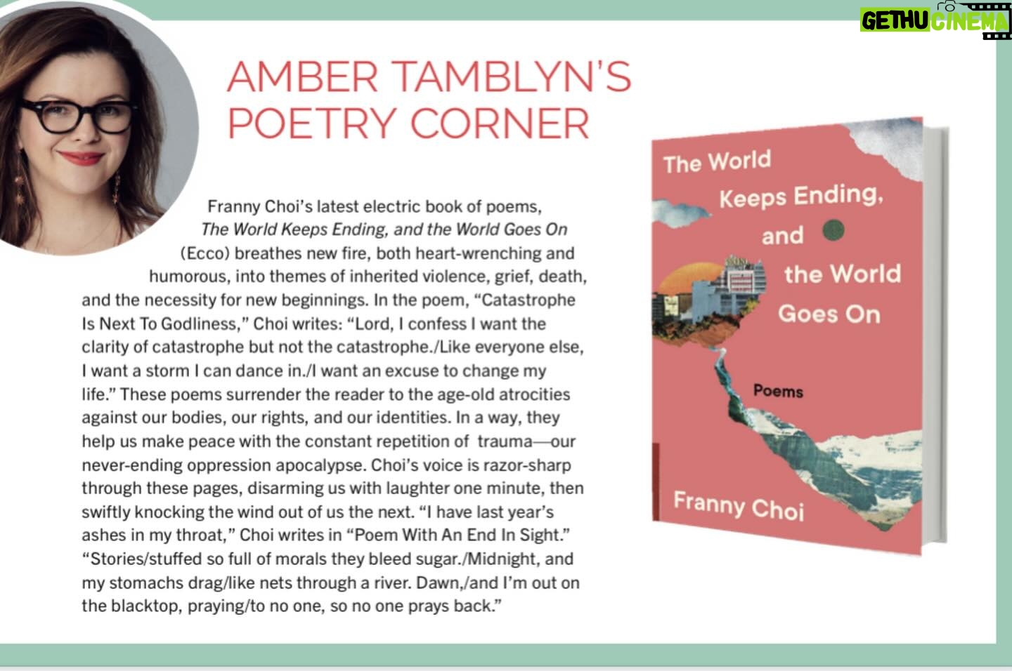 Amber Tamblyn Instagram - I’ve been reviewing books of poetry by women for Bust Magazine for years but have not been great at getting them up online to share with you. So here I am! Doing it! From the Spring issue coming out next week, here is Erin Marie Lynch’s “Removal Acts,” plus a couple other reviews from past issues. Enjoy, poetry enthusiasts! (And sorry for my face on every single one of them. 🤦♀️) 📖Erin Marie Lynch’s fantastic debut, “Removal Acts” from the Spring ’24 issue 📖Mary Jo Bang’s wonderful “A Film in Which I Play Everyone” from the Fall ‘23 issue 📖Franny Choi’s magnificent, “The World Keeps Ending, and the World Goes On” from the Spring ’23 issue 📖Stephanie Burt’s exquisite examination and excavation of queerness, “We Are Mermaids” 📖Diane Di Prima’s posthumous, divine collection, “Spring and Autumn Annals” 📖Chessy Normile’s brilliant “Great Exodus, Great Wall, Great Party” 📖Hilary Peach’s beautiful debut, “Bolt”