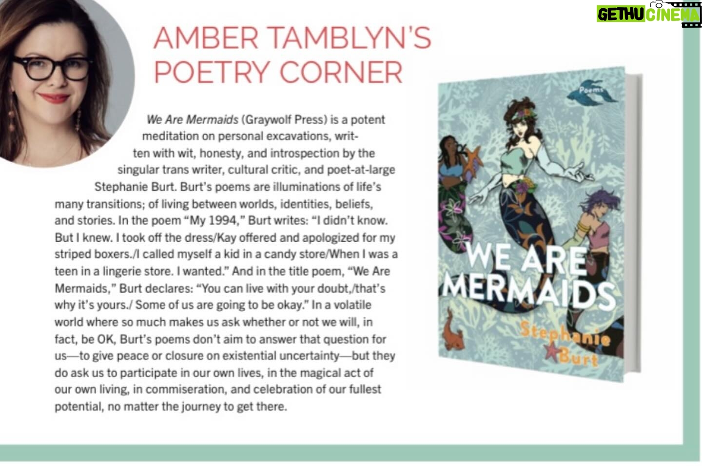Amber Tamblyn Instagram - I’ve been reviewing books of poetry by women for Bust Magazine for years but have not been great at getting them up online to share with you. So here I am! Doing it! From the Spring issue coming out next week, here is Erin Marie Lynch’s “Removal Acts,” plus a couple other reviews from past issues. Enjoy, poetry enthusiasts! (And sorry for my face on every single one of them. 🤦♀️) 📖Erin Marie Lynch’s fantastic debut, “Removal Acts” from the Spring ’24 issue 📖Mary Jo Bang’s wonderful “A Film in Which I Play Everyone” from the Fall ‘23 issue 📖Franny Choi’s magnificent, “The World Keeps Ending, and the World Goes On” from the Spring ’23 issue 📖Stephanie Burt’s exquisite examination and excavation of queerness, “We Are Mermaids” 📖Diane Di Prima’s posthumous, divine collection, “Spring and Autumn Annals” 📖Chessy Normile’s brilliant “Great Exodus, Great Wall, Great Party” 📖Hilary Peach’s beautiful debut, “Bolt”