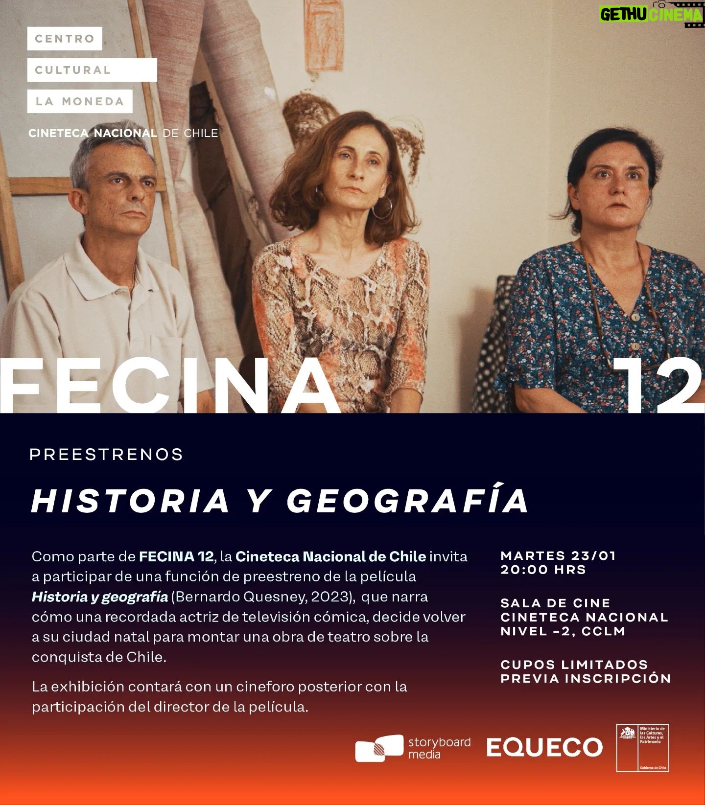 Amparo Noguera Instagram - Historia y Geografía de Bernardo Quesney, se presenta de manera gratuita en FECINA 12, siendo uno de los cinco títulos nacionales de la sección del Festival que prepara su estreno comercial el 18 de abril de este 2024 🎬✨️ Sinopsis: Gioconda Martínez, una recordada actriz de televisión cómica, decide volver a su ciudad natal para montar una obra de teatro sobre la conquista de Chile y recuperar el reconocimiento artístico que creyó haber perdido, pero que nunca tuvo. Elenco: Amparo Noguera, Catalina Saavedra, Steevens Benjamin, Pablo Schwarz, Paloma Moreno y Paulina Urrutia. 📌 Cineteca Nacional, Nivel -2 🗓 Martes 23 de enero 🕣 20:00 hrs Link de inscripción en nuestra BIO ¡Les esperamos! . . . . #historiaygeografía #bernardoquesney #cine #cinechileno