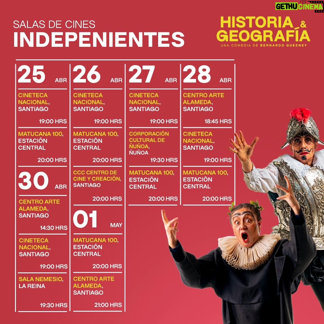 Amparo Noguera Instagram - Historia y Geografía sigue en la cartelera nacional 🇨🇱 🇨🇱 ¡El público sigue hablando de la comedia teatral de Bernardo Quesney! 😍😍 No te pierdas esta divertida comedia sobre la identidad nacional y el teatro. Una comedia distinta que te hará reír a carcajadas. Avísale a tus amigos y súmense a este panorama imperdible 🇨🇱 Desliza para conocer las salas 🎬 ➖ Produce: @equecocl Co-Financia: @culturas_cl Distribuye: @storyboardm_ Media Partner: @mundo_peliculas @nano_videos @culturizarte.cl #HistoriaYGeografía