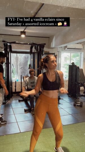 Amrita Puri Instagram - Me VS Everyone else at the gym. 

Really been faffing around and eating whatever the f&*k I want for a while. So I have decided to get off sugar for 3 weeks. Eeep! Wish me luck!! 
BUT the dancing shall continue cause life is short. 

P.S- 👋🏼 @malvikachinai & @harshlodha_ who can be seen smashing their gym session in the background.