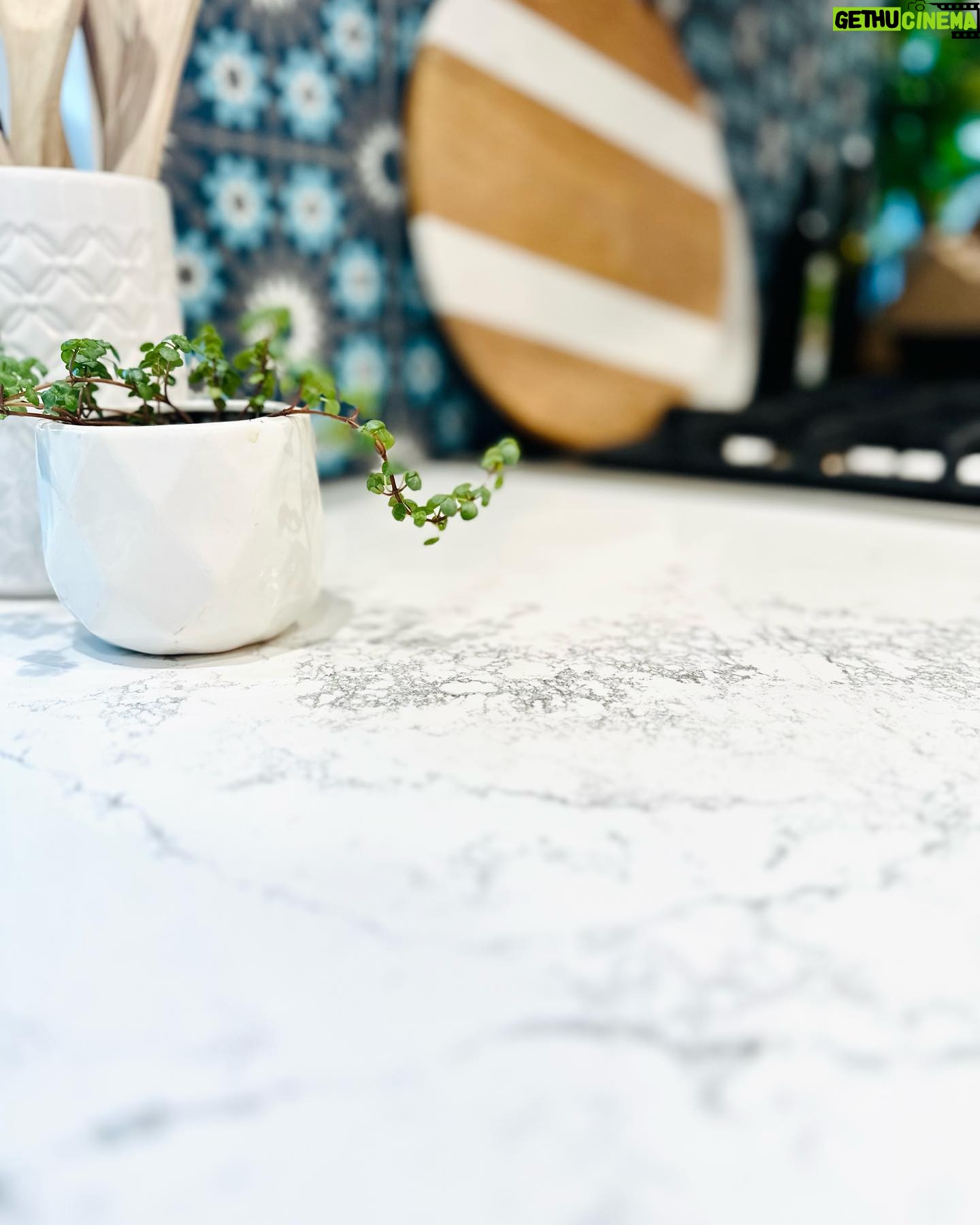 Amy Davidson Instagram - Working with @caesarstoneus for our kitchen countertops was a total dream! Our designer, Cynthia of @sodapopdesigninc loves their stone and when she introduced me, I was instantly sold! We knew we wanted chic, white countertops and when we saw the final design (Cynthia had chosen Empira white) it’s like she had read my mind. 🙌🏻 The waterfall edge!!!! Omigoodness, it’s even more stunning in person! 🤩 The veins in the stone are so unique. Some of them trail off on their own, and other veins clump into their own beautiful designs. CaesarStone slabs truly look like art. ✨ And bonus— they are easy to clean, maintain and are very durable. Thank you Cynthia and CaesarStone for making my dream kitchen come to true❣️🫶🏻❣️