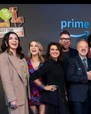Amy Huberman Instagram - Probs @grahnort and @emmadorancomedian wondering why I’m practicing the heimlich manoeuvre on @deirdreokane123 and it’s a fair question but listen nowhere like a premiere red(blue) carpet to catch up and share some NB first aid tips and tricks. Not sure they’re vibing my technique but I’m almost certain Dee as another lil chuckle stuck in there that wasn’t allowed out when filming 
#LOLIreland is out 19th Jan on @primevideouk  @primevideo around the 🌎 
(Couldn’t get everyone in that last photo so I split it in two like the tech wizard I am.)
#abootlastnicht