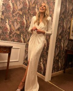 Amy Huberman Instagram - Just a standard Saturday night staring up and lolling at ceilings 👍 Dress: kindly sorted for the night by @nadinemerabi Glam @oslo_beauty Really awkward looking into the distance at nothing; model’s own.