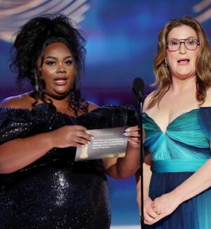 Ana Gasteyer Instagram - Two more favorite souvenirs from last night!! This photo for the @people portrait studio by @hunterabrams is SO GOOD - Also obsessed with this epic photo with @nicolebyer who was a delight to present with and I appreciated her support of the #DahmerGlasses I got last month Once again a massive shoutout to the @mihcacho & team @amsale for the custom dress, and to @andrewgelwicks for all the dress discourse! #goldenglobes #eyewear
