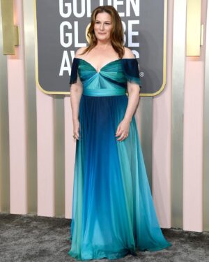 Ana Gasteyer Instagram - Well the rain stopped just in time to get dressed up for a very fancy party last night at the #goldenglobes Many thanks to my dear friend @laurabauer for making me have fun and talk to famous people whom I truly admire. We sat at a bangin’ table of young superwomen @anyataylorjoy @daisyedgarjones @selenagomez and my awesome co-presenter @nicolebyer - also really worked out for Laura‘s TV coverage 😂Plus I had the enormous privilege of presenting my old friend superstar  @JenniferCoolidge her much deserved award! Infinite thanks to the village it took to get me dolled up. I loved my dress and especially appreciated the collaboration with Stylist @andrewgelwicks &  @mihcacho & the designers at @amsale #jeweltones #ombre #boobs #ftw Of course hair and make up were on point with dream team @sascha_breuer & @stephensollitto Lots of compliments on my Ring by @mindimondny earrings by @nicolerosejewelry & clutch by 
@judithleiberny and I can’t say enough good things about a platform shoe by @schutz - Comfortable for hours. Now I’m gonna take a nap. My core is tired from sitting up straight for so many hours. @goldenglobes @nbc @peacocktv