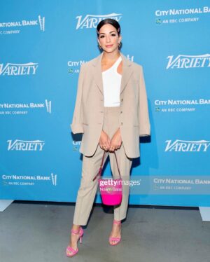 Ana Villafañe Instagram - this was @ 8 am on Tuesday. It’s the colorful hair clips from circa 1998 for me

styled by @sarahslutsky for @variety 

suit @beaufille
jewels Anaele
first two pics @noamgalai