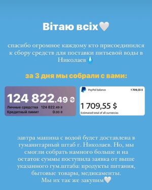 Anastasiya Kozhevnikova Instagram - У нас получилось! 

Вчера  мы доставили 20 000 литров воды в город Герой Николаев! 

Мы с мужем передали воду гуманитарному штабу г. Николаева @svitli.spravy 
который распределит воду местным жителям, врачам и ЗСУ. 

998 неравнодушных людей перечислили свои деньги и более 1500 людей  сделали репост! 
Вся Украина перечисляя деньги передавала слова поддержки из  Харькова, Энергодара, Мариуполя, Донецка, Днепра, Житомира, Львова, Сум, Конотопа, Одессы, Киева, Луганска, Запорожья, Южноукраинска, так же внесли свой вклад жители Европы, США, Канады, Казахстана (простите если кого не упомянула).

Деньги ещё  остались и мы закупим продукты, бытовые товары для Николаева. Ещё одна подписчица предложила выслать таблетки для очистки воды, которые очень необходимы ЗСУ. Я постараюсь найти ещё такие таблетки и закупить их.