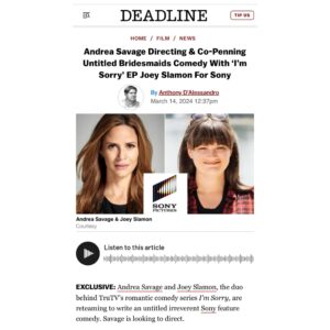 Andrea Savage Instagram - Guys. So THRILLED to get this exciting news out in the world!! My #imsorrytv partner and friend @joey_slamon and I are coming to make you tinkle out of your front tushy again!! Truly super super excited for this. ❤️ @sonypictures @deadline