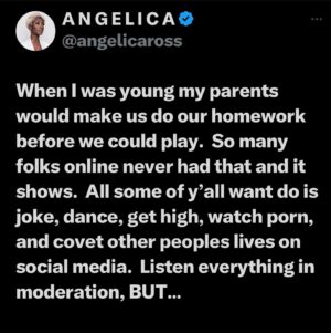 Angelica Ross Instagram - When I was young my parents would make us do our homework before we could play.  So many folks online never had that and it shows.  All some of y’all want do is joke, dance, get high, watch porn, and covet other peoples lives on social media.  Listen everything in moderation, BUT…

You have to be serious at some point.  Especially us adults in the room.  Yes, many of our childhoods were f*cked up.  It’s easy to wanna relive a time when being immature was ok and paying bills and working wasn’t taking up majority of your time.  I get it. 

We need to collectively mature.  And put off playtime until the work is done.  We can take shifts.  I’m on right now, with a lot of folks, but we could use some more help.  #ceasefirenow #freecongo🇨🇩 #freepalestine #tigrayfamine #genocidejoe #yemen #warcriminal #istandwithpalestine #istandwithsouthafrica #vote #democracy #unitednations #HumanRights #NMRK #WorldPeace