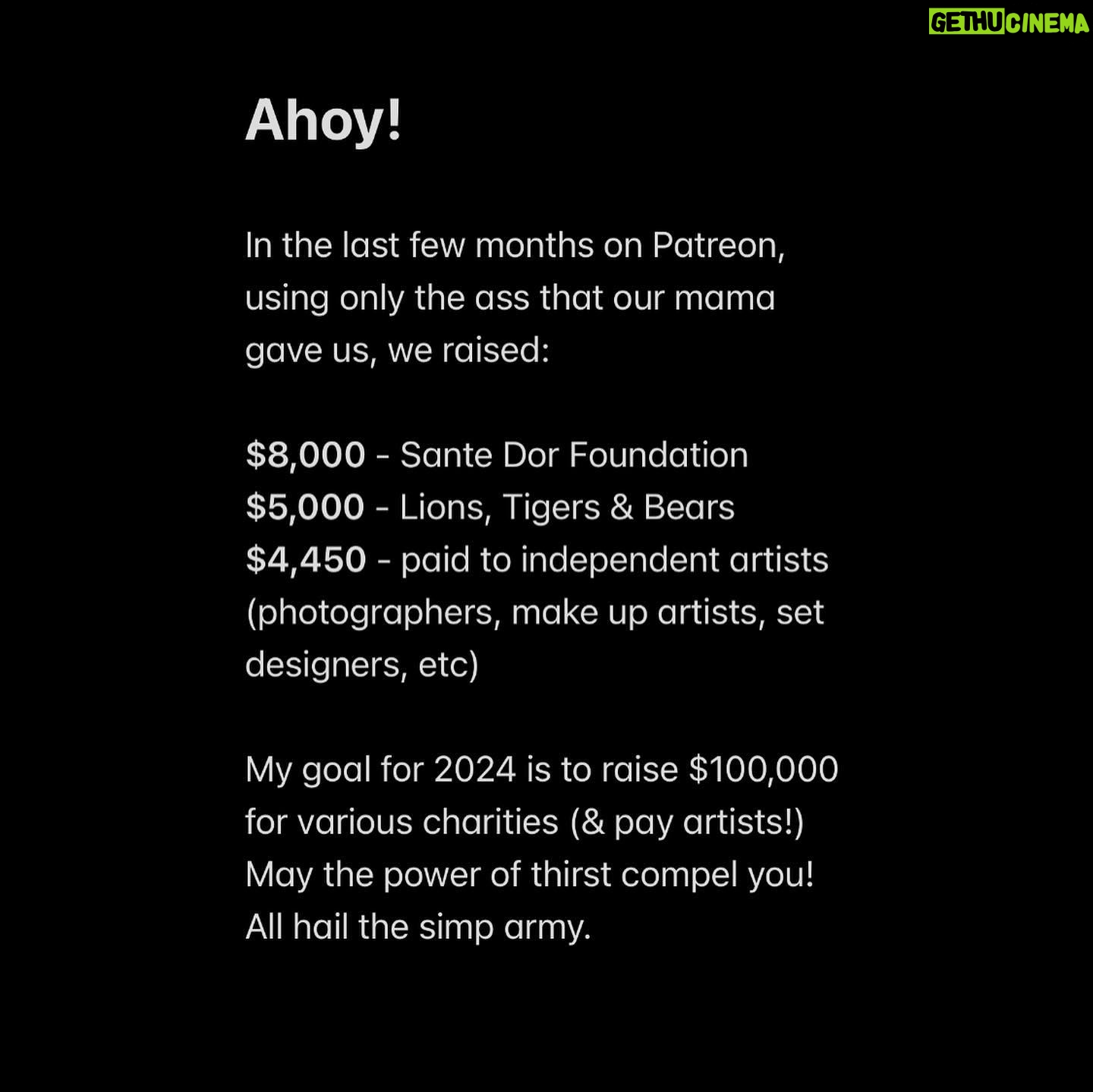 Anna Akana Instagram - Ahoy! In the last few months on Patreon, using the ass that our mama gave us, we raised: $8,000 - Sante Dor Foundation (cat sanctuary in LA!) $5,000 - Lions, Tigers & Bears (big cat sanctuary in Alpine!) $4,450 - paid to independent artists (photographers, make up artists, set designers, etc) At the end of 2024 I’d love to make that number total (or over) $100,000. May the power of thirst compel you! All hail the simp army.