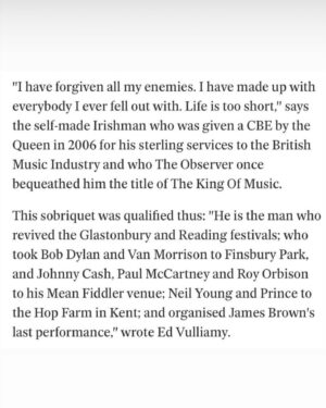 Anna Friel Instagram - This has taken me a few days to come to terms with as my heart feels a little broken. On Saturday we lost dear Vince. Since I was 18, he has always been so kind to me. Our first meeting was at my very first festival , that was Phoenix.  He was known as the godfather of gigs and had more cool stories than most I know. He was incredibly humble and somewhat shy and always wanted everyone to feel looked after and have a great time. To me he was a pillar of strength, a confidante. He believed in me so much and was always so proud and made sure to let me know that. His belief gave me strength to have self belief on days when it faltered. I love you dearly Vince Power. I will always miss you and I am so very grateful for every drop of love I was lucky enough to have bestowed upon me. 
Nelll, Niall and Evie. Three of the best children you could wish to have . My deepest condolences and as many hugs as you need. RIP Vince Power