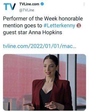 Anna Hopkins Instagram - Thank you @tvline for the shout out! 😭♥️
 @letterkennyproblems #letterkenny