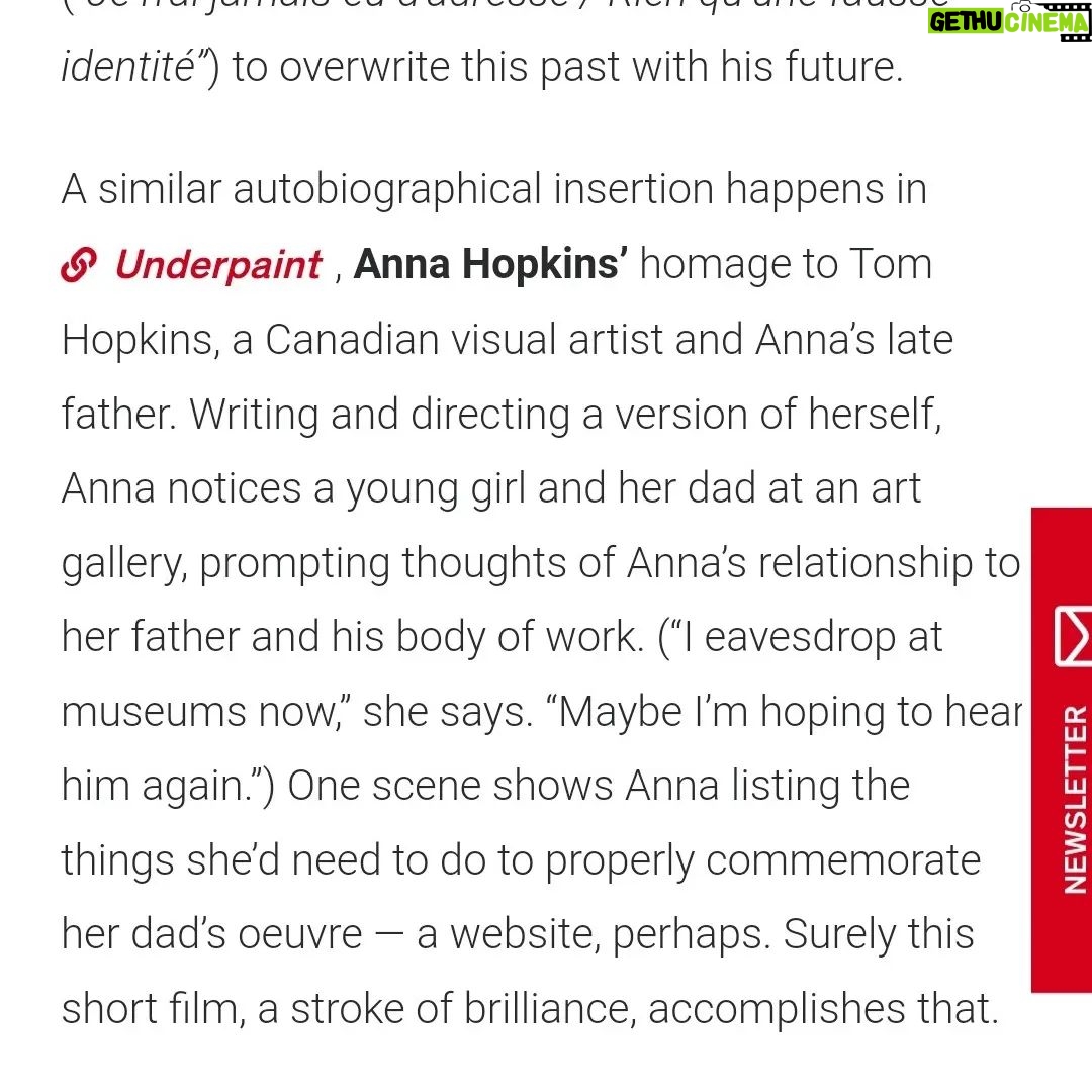 Anna Hopkins Instagram - Thank you @telefilm_canada, what a wonderful honor! Very happy to share my short film UNDERPAINT has been selected to be part of Canada's Not Short on Talent Program at the Cannes Short Film Corner, powered by @Telefilm #CdnFilm #RDVCanada #Cannes2022 This project wouldn't have been possible without @canada.council and the INCREDIBLE people listed below! Thank you from the bottom of my heart. ❤️ Producer: @mariahowen Co-Producer: @mtlwaters EP: @altimasc, @joeking1950 DP: @matjbarkley Production designer: Camellia Koo Editor: Michelle Szemberg @mybellepix Original music: @jackson__greenberg Script supervisor: @katrinawestin Key H/M: @temi.shobowale Costume design: @blxlnd Sound recordist: @b_jammin88 1st AD: @matt.moreland 1st AC: @ontario.peach, @tmangin76 2nd AC: @kwaku.kufuor , @alexclark.mp3 Gaffer: @kaython Key Grip: Simon Sealy Swing: @thesusanliu Set dresser: @junghye.kim.357 Stills: @sabbles All camera & G/E: @wfw_intl Post: @pictureshoppost Location: @metiviergallery Casting: @lewiskaycastingofficial Cast: Ben Carlson, @mayamisaljevic @somkele_i @dillon_bre 🎨