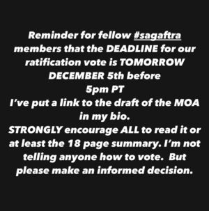 Anna Paquin Instagram - #sagaftra members remember to VOTE by 5pm PT TOMORROW December 5th.