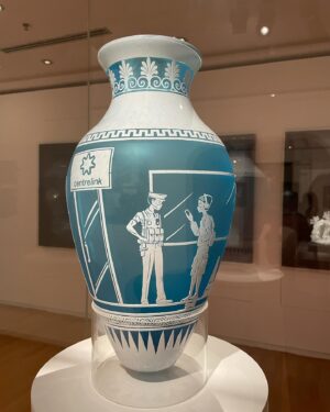 Annabel Crabb Instagram - I went to @ngvmelbourne on Friday to see a specific painting but while I was there in the 18th century wing I stumbled across these incredible creations by Adelaide glass artist @vintagemurtagh … she’s made these ancient Athenian style vessels but when you look closely at the scenes depicted they are of Covid lockdown… Centrelink queues, tired-looking people on their phones wearing masks and queuing up for toilet paper at the checkout … so clever and articulate, also reflecting how ancient the idea of plague is. I then found the artist on here and looked at some of her other stuff - incredible, check it out @vintagemurtagh - and learned that I caught that little two-item exhibit by one day! Jessica it was a delight to stumble across your incredible work. Thanks also to Tiepolo (not on Instagram) whose Cleopatra I was on my way to visit, having recently reread @the_shb_’s GLORIOUS poem about it, which you can swipe to read. Anyway, two artists and a poet 300yrs apart magically conspired to lift my mood when I was feeling tired and anxious so THANK YOU