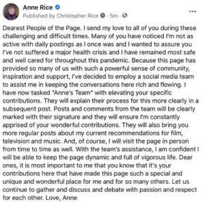 Anne Rice Instagram - A special message for those who follow Anne’s Facebook page.