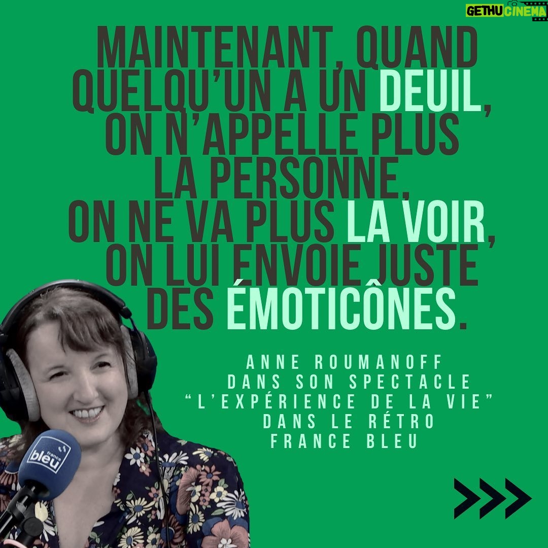 Anne Roumanoff Instagram - Anne Roumanoff était notre invitée « Dans le rétro » 🖤« Maintenant, quand quelqu’un a un deuil, on n’appelle plus la personne, on ne va plus la voir, on lui envoie juste des émoticônes. » 👨🏫👩⚕️« Les soignants et les profs sont les derniers remparts de la société. » 🥲 « Le rire n’empêche pas la douleur mais c’est quelque chose qui permet de prendre du recul par rapport à une situation difficile. » ❓« C’est important de se questionner sur sa manière d’être. Après, ce n’est pas pour ça qu’on arrive à changer. » 🎧 Podcast sur les appli ICI ou Radiofrance et sur toutes les plateformes. 📻 Chaque Samedi et dimanche dès 14h l’interview #dansleretro sur France Bleu 🎭 « L’expérience de la vie » à l’Olympia le 26/12 et en tournée #anneroumanoff #pensée #philosophiedevie