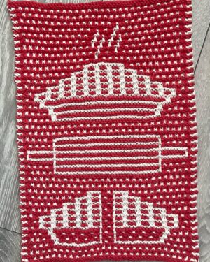 Annette O'Toole Instagram - Just finished this for my daughter Anna. It may be the cutest pattern in the land. “Lattice Have Pie Towel” by Amy Marie Vold.